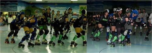 SVRG's defense dominated. On the left, SVRG holds the line; on the right, they knock Santa Cruz's blockers and jammers off of it.