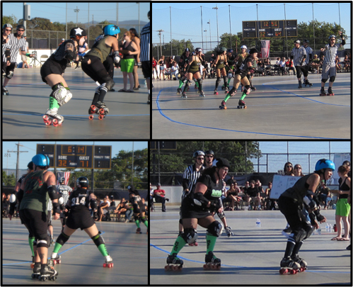 Top left: Postal Servix prepares for another high-scoring jam. Top right: Lead jammer CynTax completes a grand slam. Bottom left: Servix controls the pack while Steffen Razor (r) jams after Easy's star pass. Bottom left: Aim De Kill rallies during her 16 point jam.