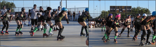Left: Bitch Puddin' lets Double Easy sneak by on the line while Steffen Razor goes after Ventura's jammer. Right: Beast and CynTax come out ready for action. Photos: Nathan Quihuis