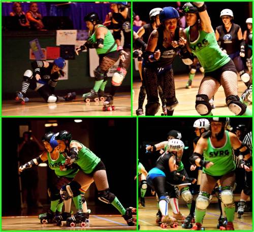 The game featured some killer defense. Top left: Some of The Beast's aftermath. Top right: Fox socks a wincing Pippi. Bottom left: Beast and Dirty put the squeeze on Liv N. Letdie. Bottom right: Pigeon executes a killer C-block on Postal Servix. Photos by Kelco (top left, top right, bottom left) and Jim Cottingham (bottom right). 