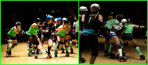 Left: Skoot and Fox hold the Santa Cruz jammer while Secret Servix whips off of The Beast. Right: Smack Dahlia and Beth Sentence wall up to contain the Santa Cruz blockers. Photos: Jim Cottingham