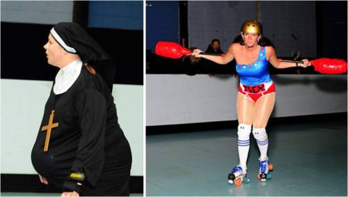 My personal favorite costumes, sported by two of our top fundraisers: Rot Wheels as a pregnant nun and Pia Mess as an American Gladiator. 