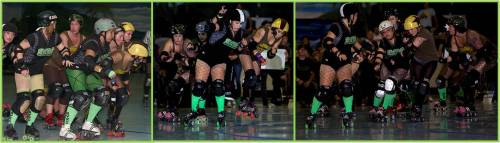 Left: SKooter Ov'r eyes a Roller, while Lizapalooza takes out two blockers and the jammer singlehandedly, clearing the way for Dollface (Nocklebeast). Middle: MisTits makes a Roller a Flyer (Boss Hogg). Right: Donna Diggler and Lindsay Lohanded pick off a Humboldt jammer (Boss Hogg).